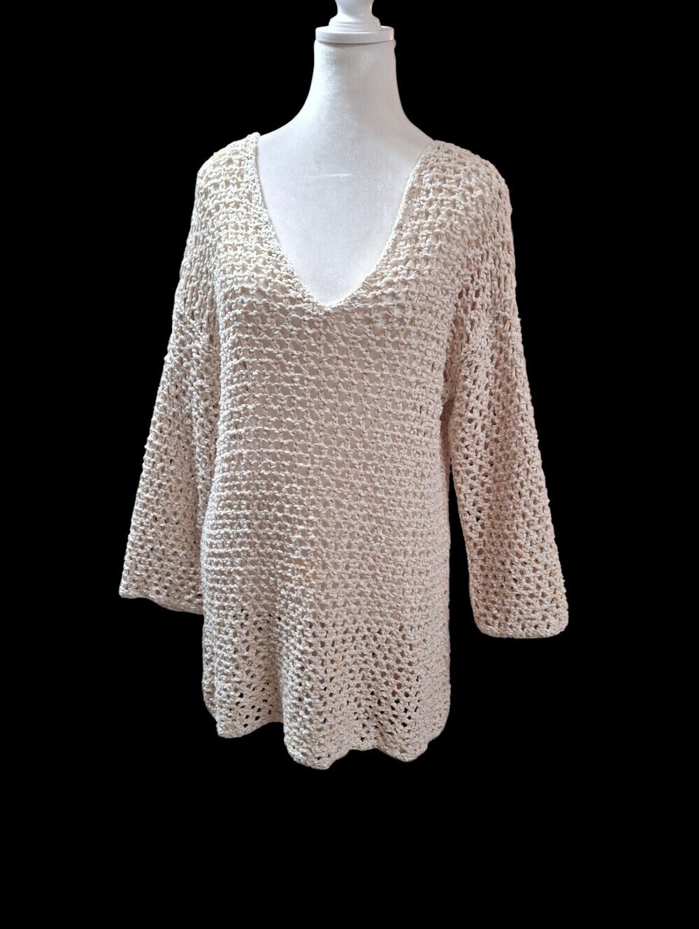 Lou & Grey Crochet Long Sleeve Open Knit Beige Tunic Cover-Up   Women Size Small - Picture 3 of 16